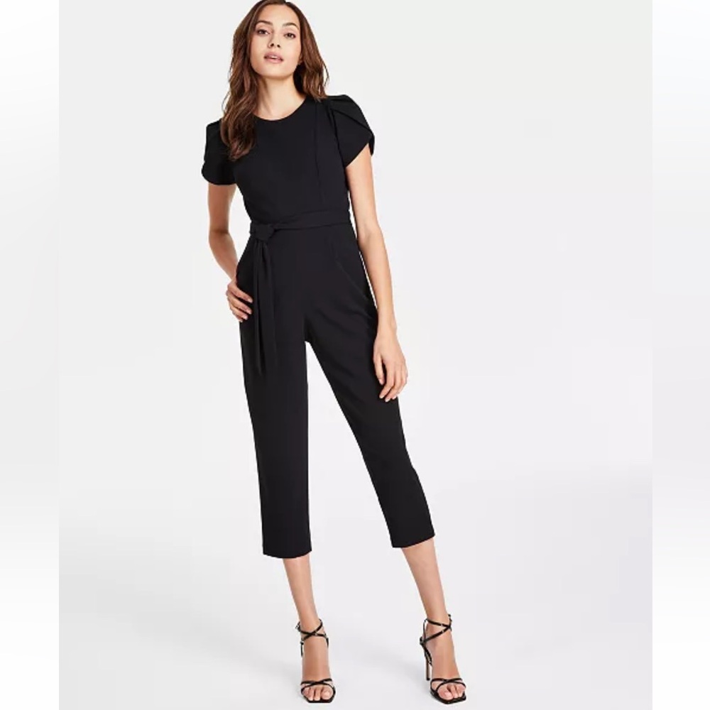 New Calvin Klein black tulip sleeve belted zip back Jumpsuit MSRP $129